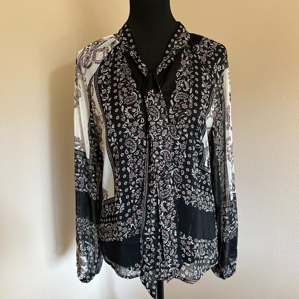 Haver & Blair London Women's Patchwork Print Tie Neck Blouse - Size Small